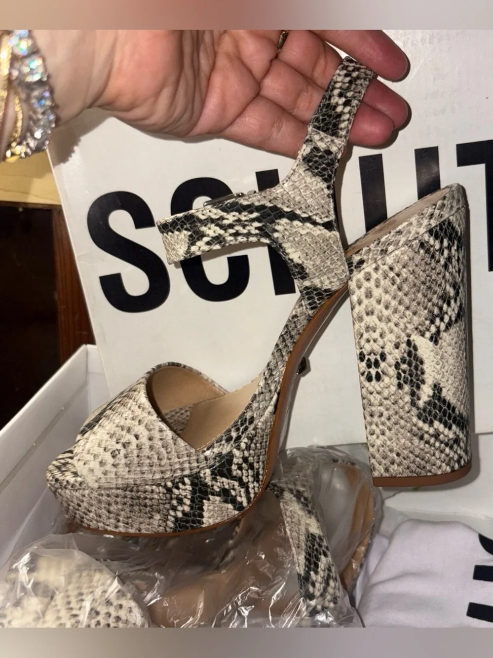 SCHUTZ Snake-Print Block Heel Sandals - Cream and Black